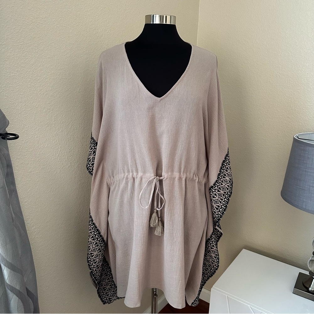 Garnet Hill Beige/Brown V-Neck Swim Coverup with White Patterned Trim
